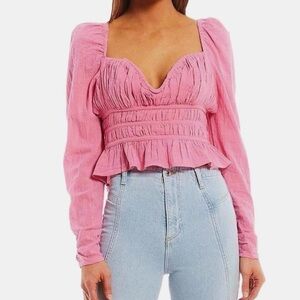 Free People Chloe Smocked Long Sleeve Pink Crop Top